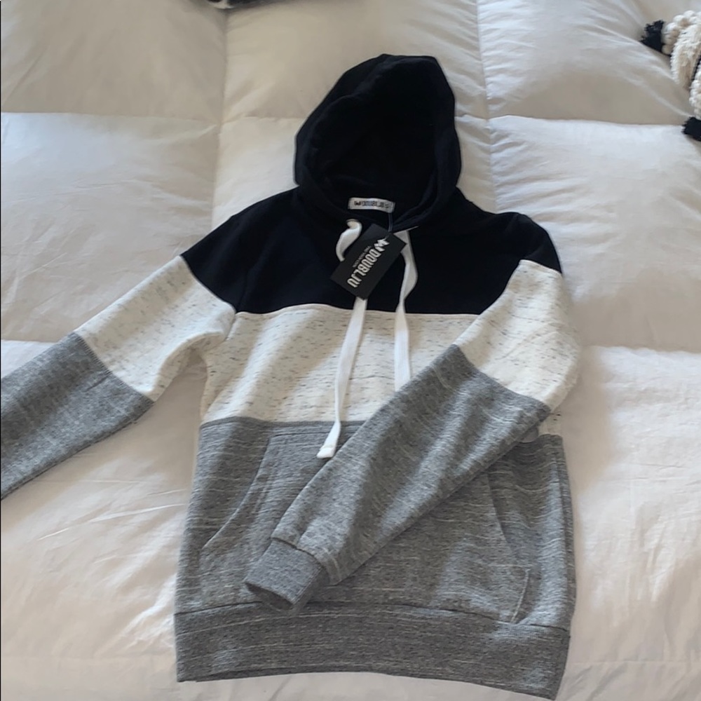 black, white, and grey striped Doublju hoodie ✰